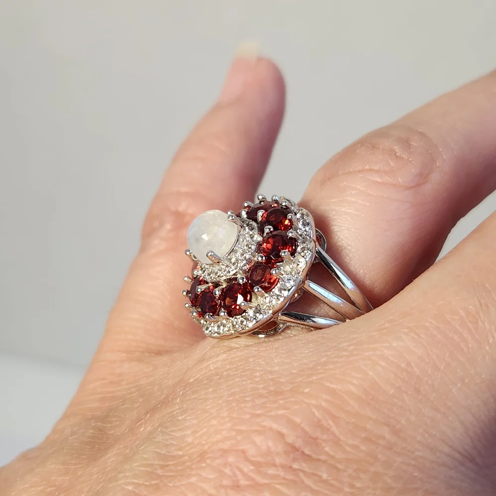 VTG Custom Garnet, Rainbow Moonstone & Zircon 925 Ring Sz 6 - Picture 13 of 13
